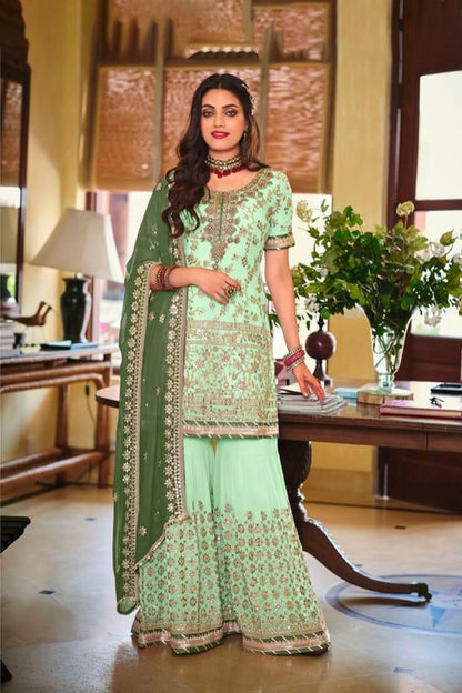 Exquisite Navy Blue Heavy Embroidered Peplum Sharara Suit | Luxury Festive Wear | Kavlee