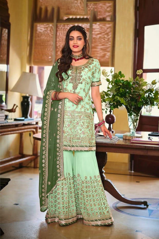Exquisite Navy Blue Heavy Embroidered Peplum Sharara Suit | Luxury Festive Wear | Kavlee