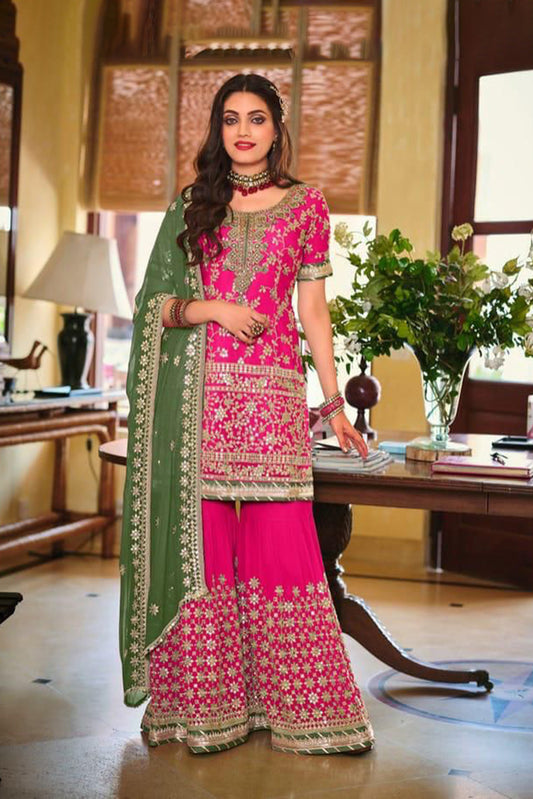 Premium pink Heavy Embroidered Peplum Sharara Suit | Luxury Wedding Wear | Kavlee