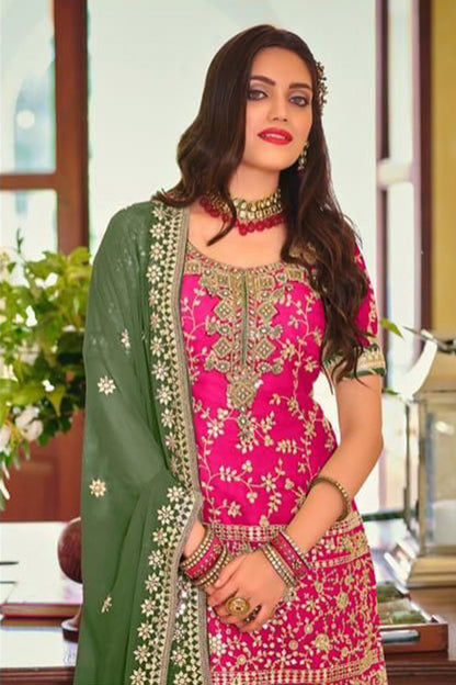 Premium pink Heavy Embroidered Peplum Sharara Suit | Luxury Wedding Wear | Kavlee