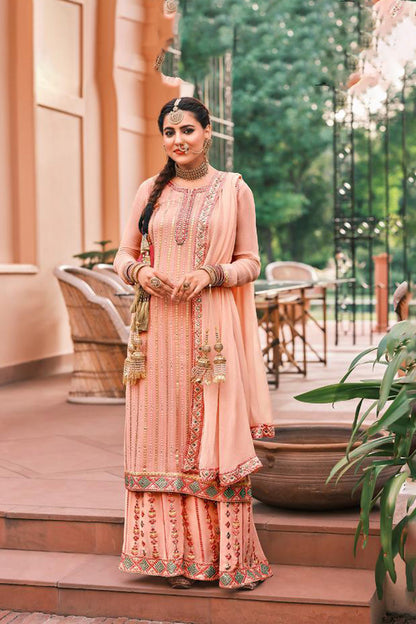 Premium Peach Heavy Embroidered Sharara Suit | Kavlee