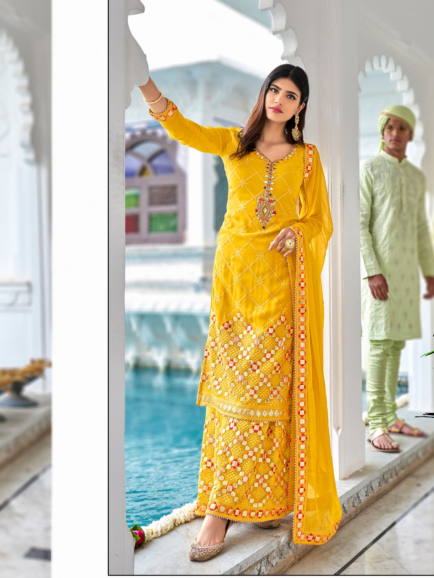 Premium Yellow Heavy Embroidered Sharara Suit | Kavlee