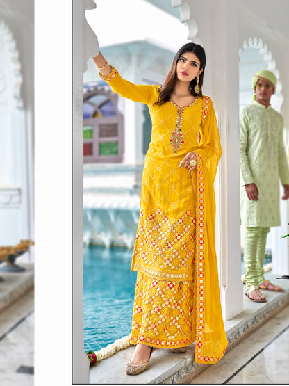 Premium Yellow Heavy Embroidered Sharara Suit | Kavlee