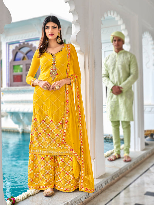 Premium Yellow Heavy Embroidered Sharara Suit | Kavlee