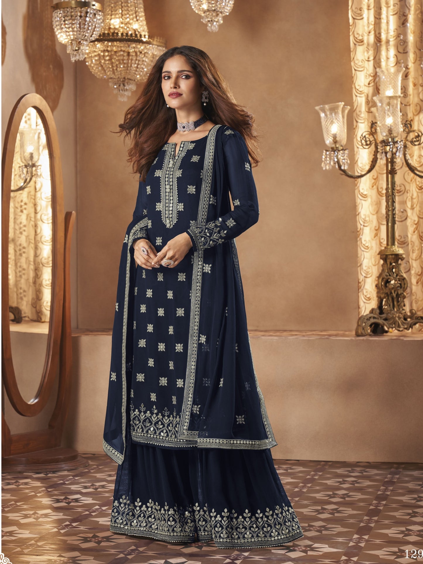 Navy Blue Pure Georgette Sharara Suit with Zari & Stone Embroidery | Kavlee