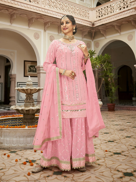Beautiful Peach Embroidered Sharara Suit | Kavlee