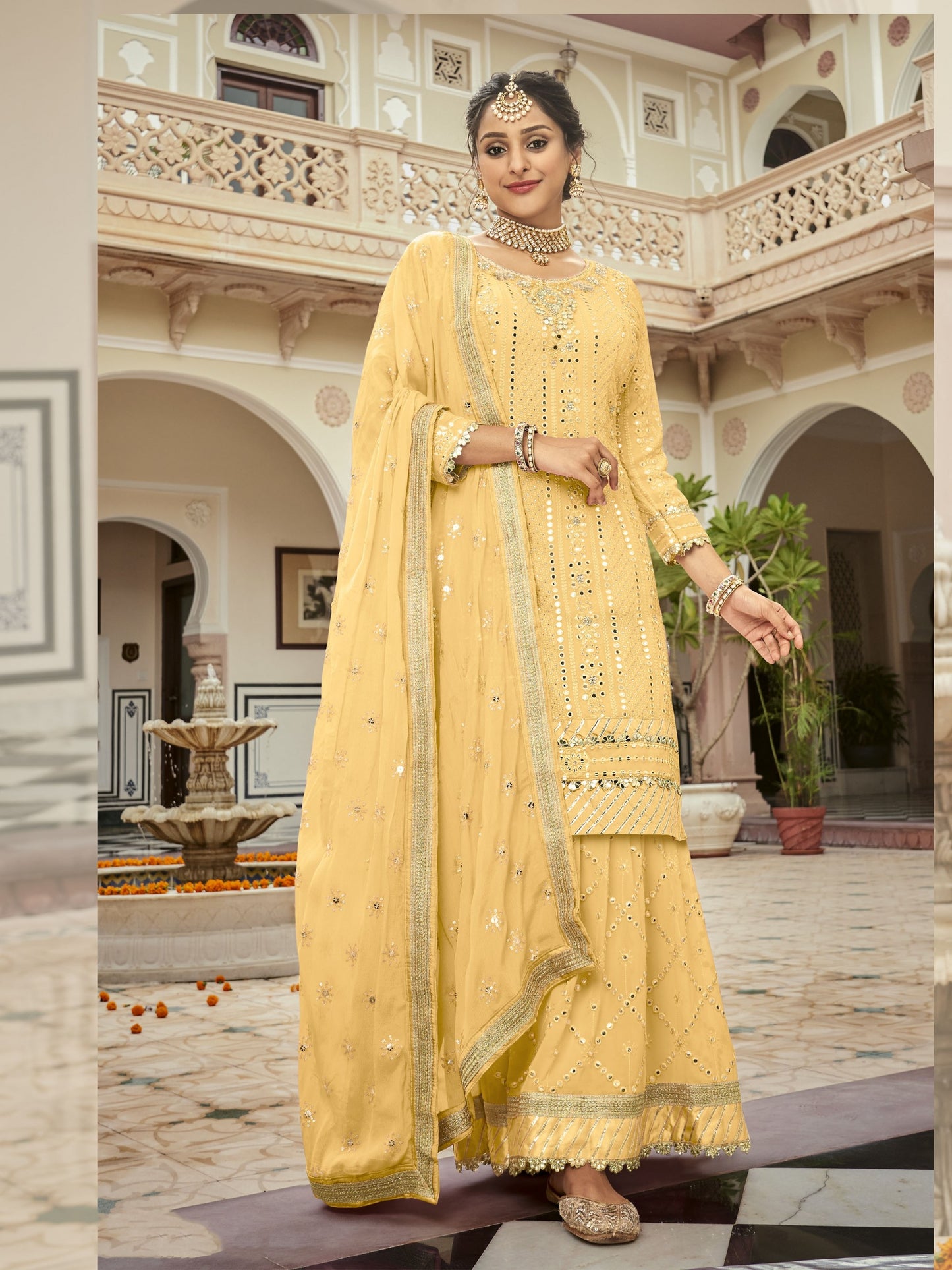 Heavy Georgette Party Wear Sharara in Yellow Color with Embroidery Work