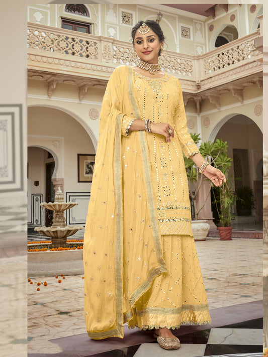Heavy Georgette Party Wear Sharara in Yellow Color with Embroidery Work