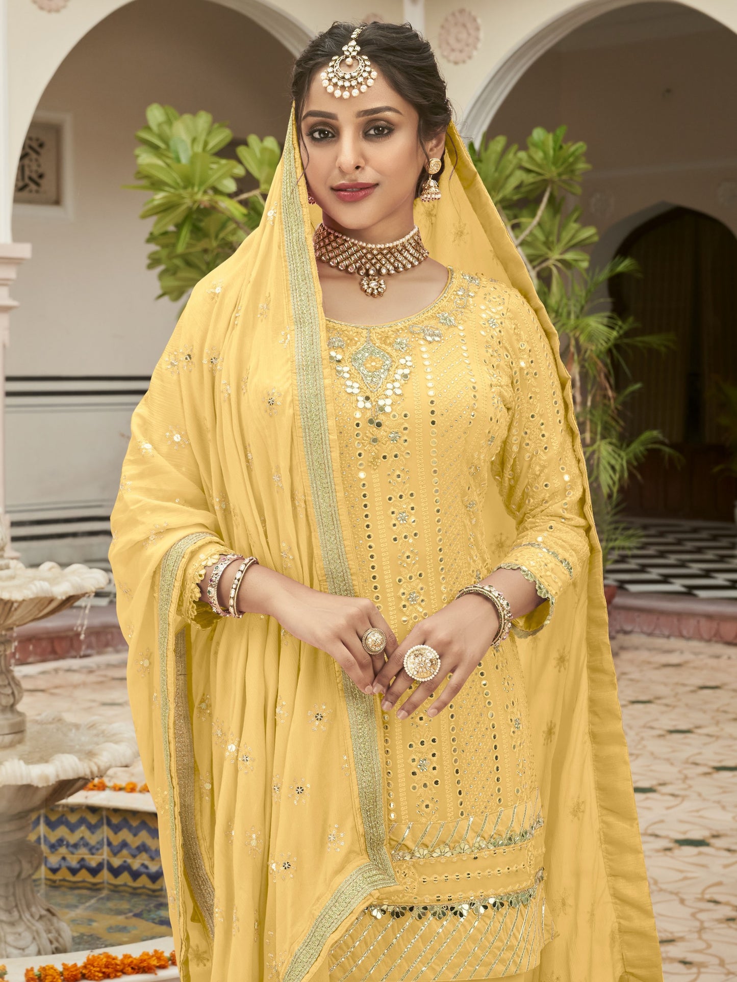 Heavy Georgette Party Wear Sharara in Yellow Color with Embroidery Work