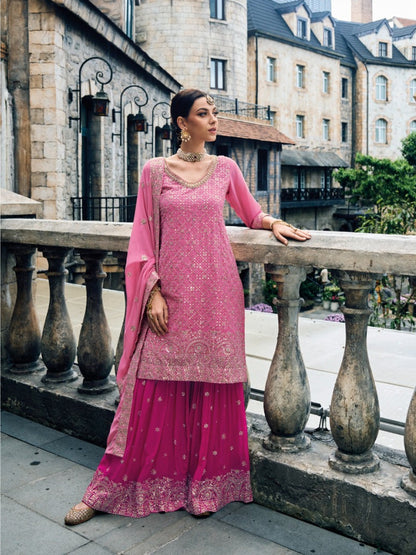 Premium Dusty Pink Peplum Sharara Suit with Heavy Embroidery | Kavlee