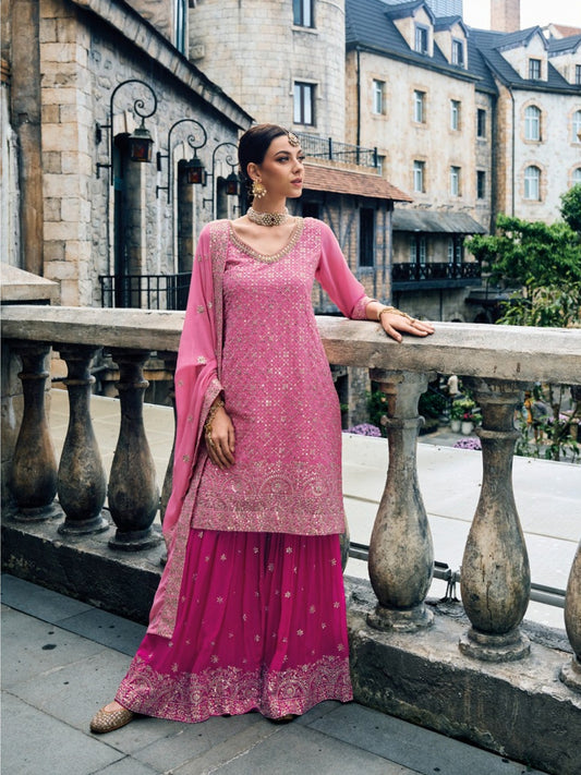 Premium Dusty Pink Peplum Sharara Suit with Heavy Embroidery | Kavlee