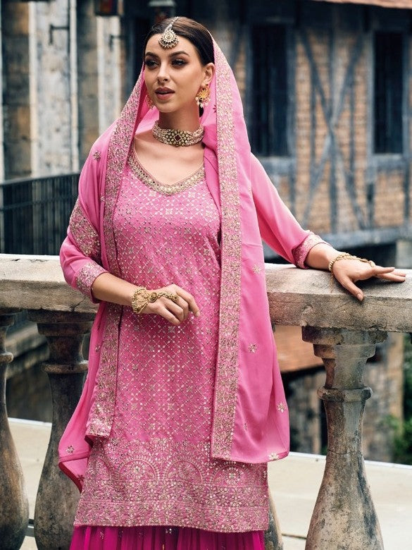 Premium Dusty Pink Peplum Sharara Suit with Heavy Embroidery | Kavlee