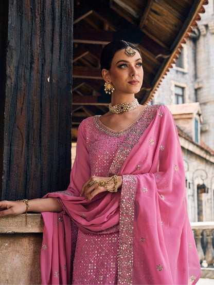 Premium Dusty Pink Peplum Sharara Suit with Heavy Embroidery | Kavlee