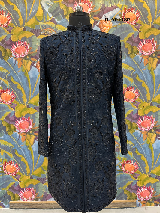 Men Premium Blue Embroidered Sherwani Kurta Fabric with Free Pant –Unstitched