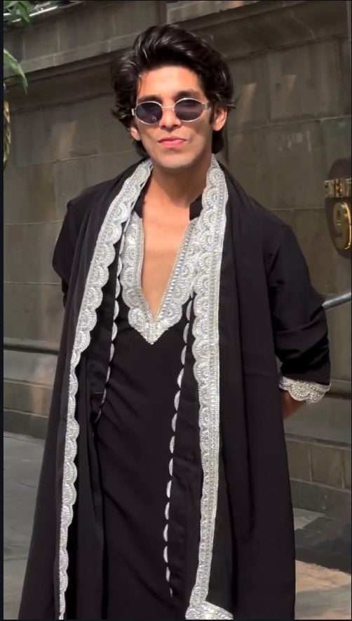Premium Black Neck-Work Heavy Armani  Kurta Set with Silver Embroidered Dupatta for Men