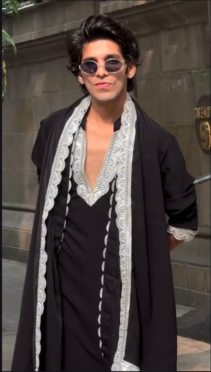 Premium Black Neck-Work Heavy Armani  Kurta Set with Silver Embroidered Dupatta for Men