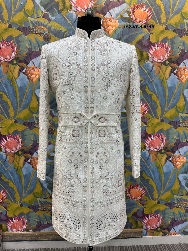 Men Premium Cream Heavy Embroidered Sherwani Fabric with Free Pant & Kamar Belt – Unstitched Wedding Wear