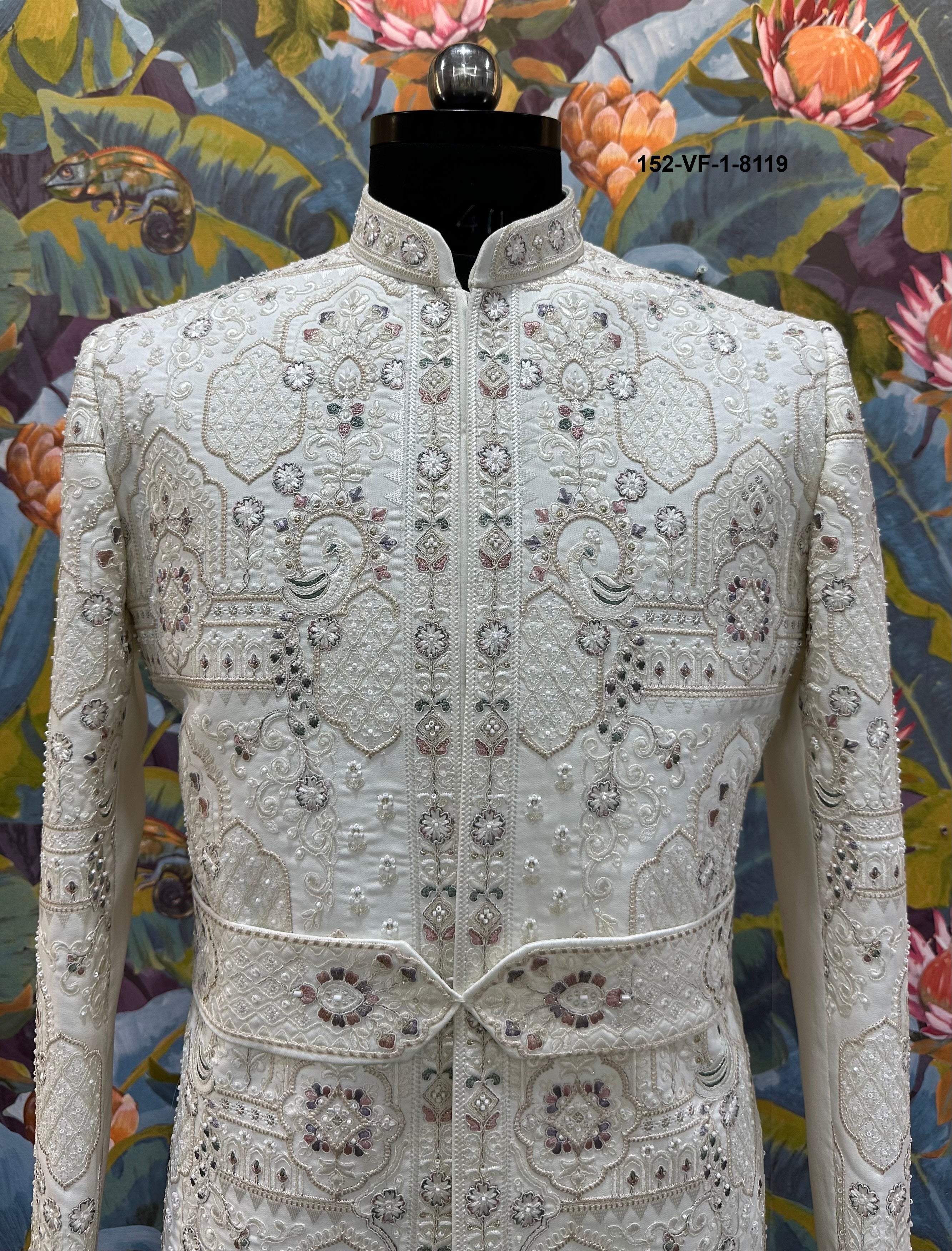 Men Premium Cream Heavy Embroidered Sherwani Fabric with Free Pant & Kamar Belt – Unstitched Wedding Wear