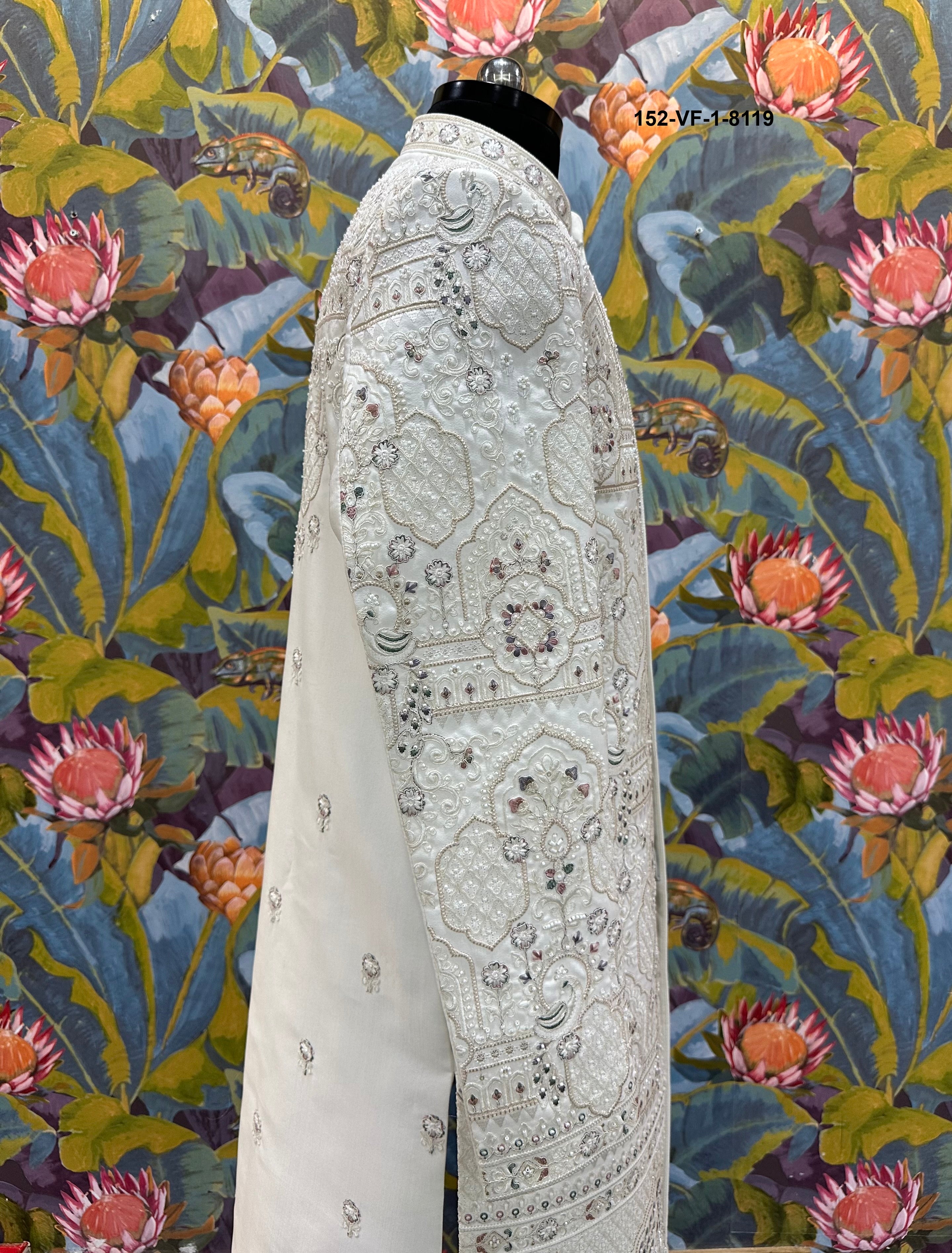 Men Premium Cream Heavy Embroidered Sherwani Fabric with Free Pant & Kamar Belt – Unstitched Wedding Wear