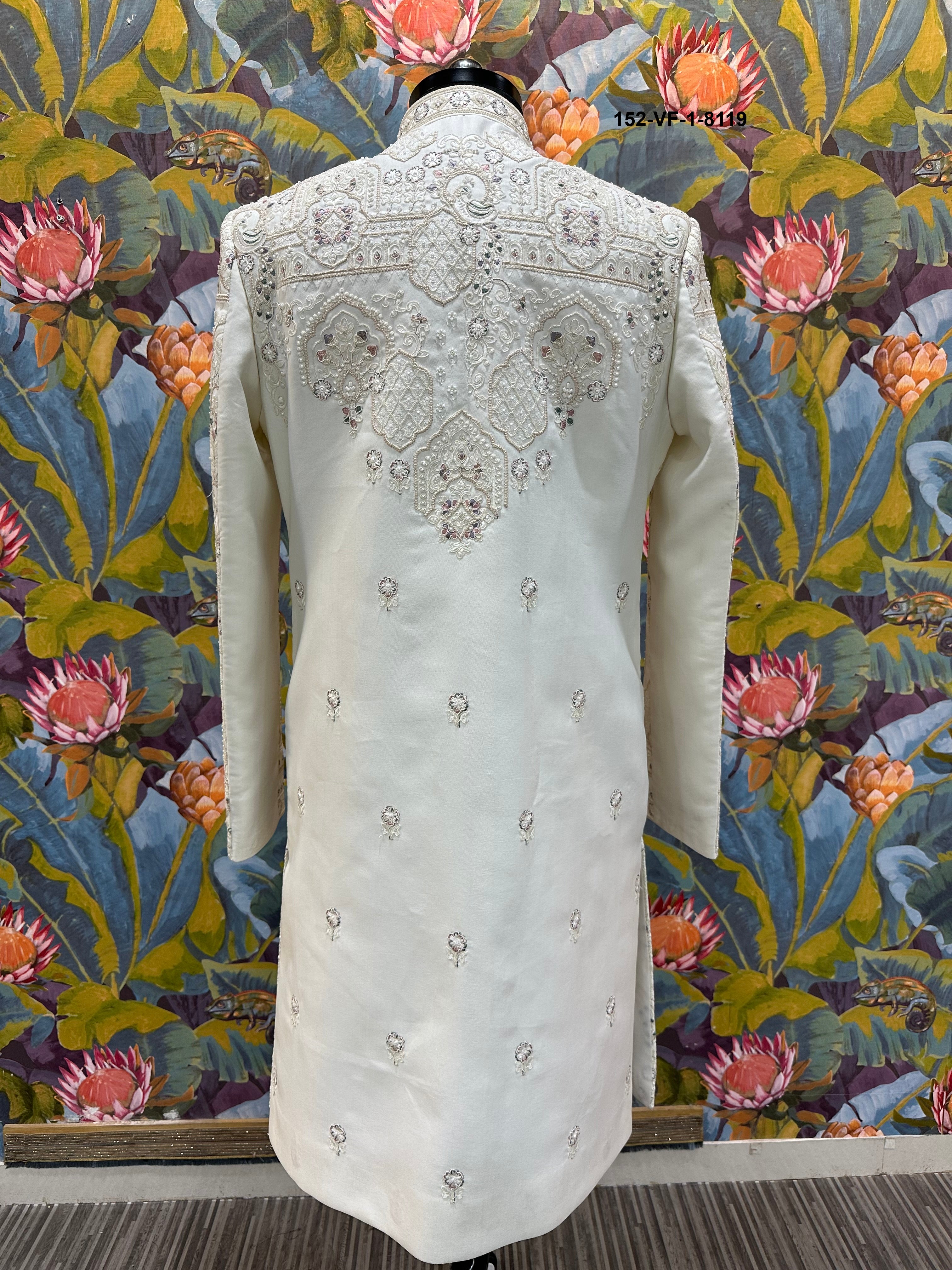 Men Premium Cream Heavy Embroidered Sherwani Fabric with Free Pant & Kamar Belt – Unstitched Wedding Wear