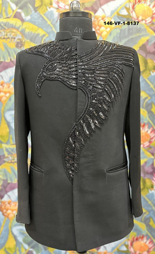 Premium Black Velvet Eagle Embroidered Suit | Bold Party Wear |  Kavlee