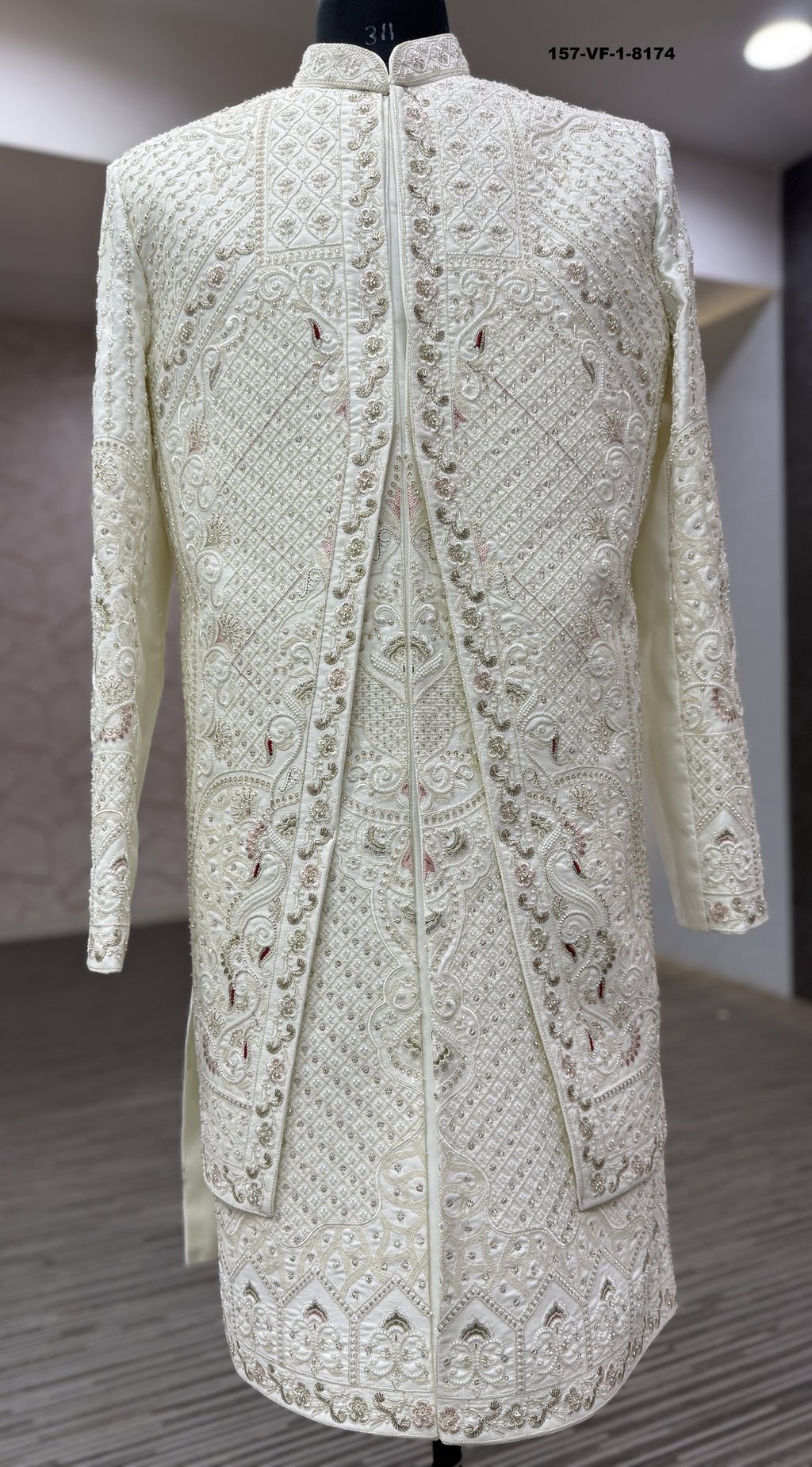 Premium Cream Royal Sherwani with Belt, Dupatta & Mojri | Devine Touch | Free Pants | Kavlee