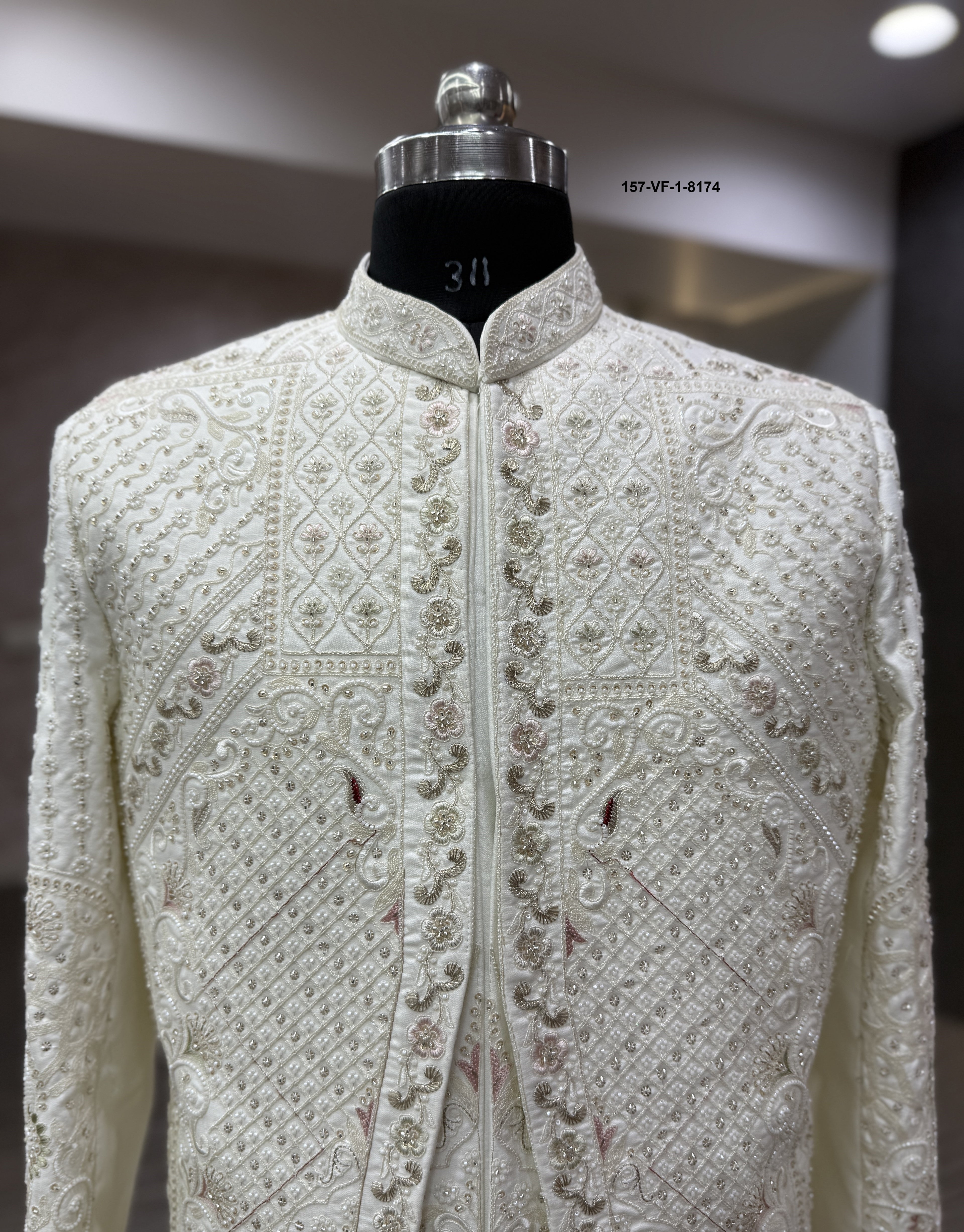 Premium Cream Royal Sherwani with Belt, Dupatta & Mojri | Devine Touch | Free Pants | Kavlee