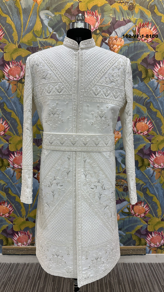 Luxury White Pearl Work Unstitched Sherwani Set with Belt & Pant Fabric