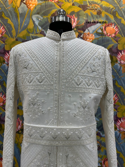Luxury White Pearl Work Unstitched Sherwani Set with Belt & Pant Fabric