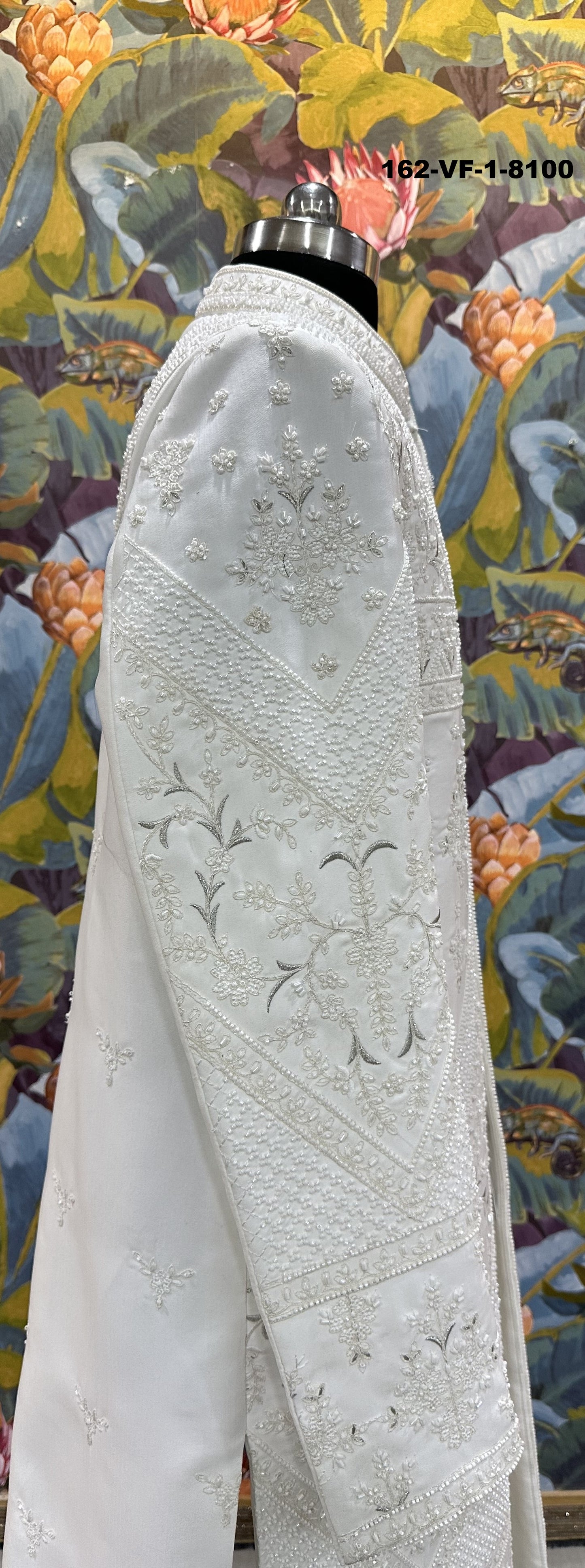 Luxury White Pearl Work Unstitched Sherwani Set with Belt & Pant Fabric