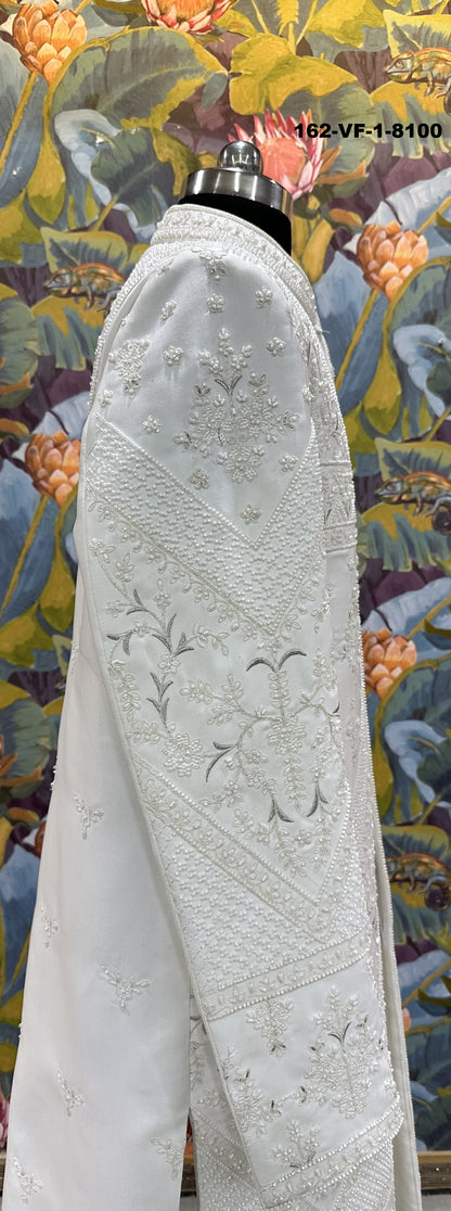 Luxury White Pearl Work Unstitched Sherwani Set with Belt & Pant Fabric