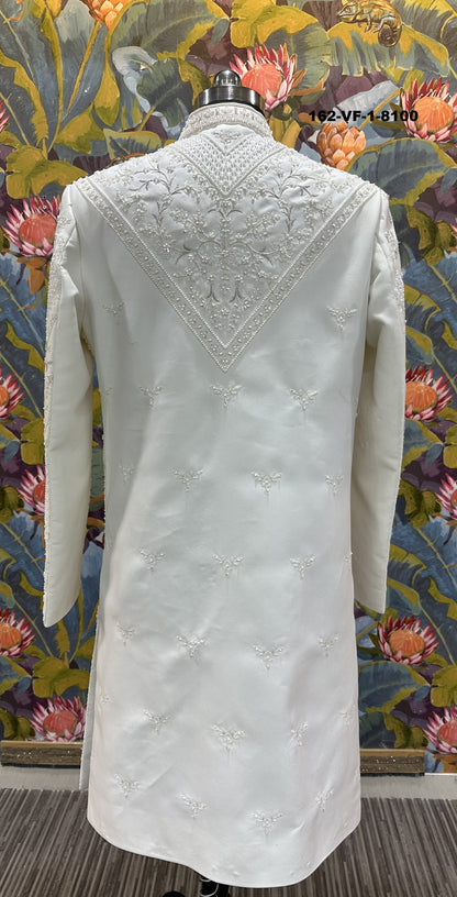 Luxury White Pearl Work Unstitched Sherwani Set with Belt & Pant Fabric