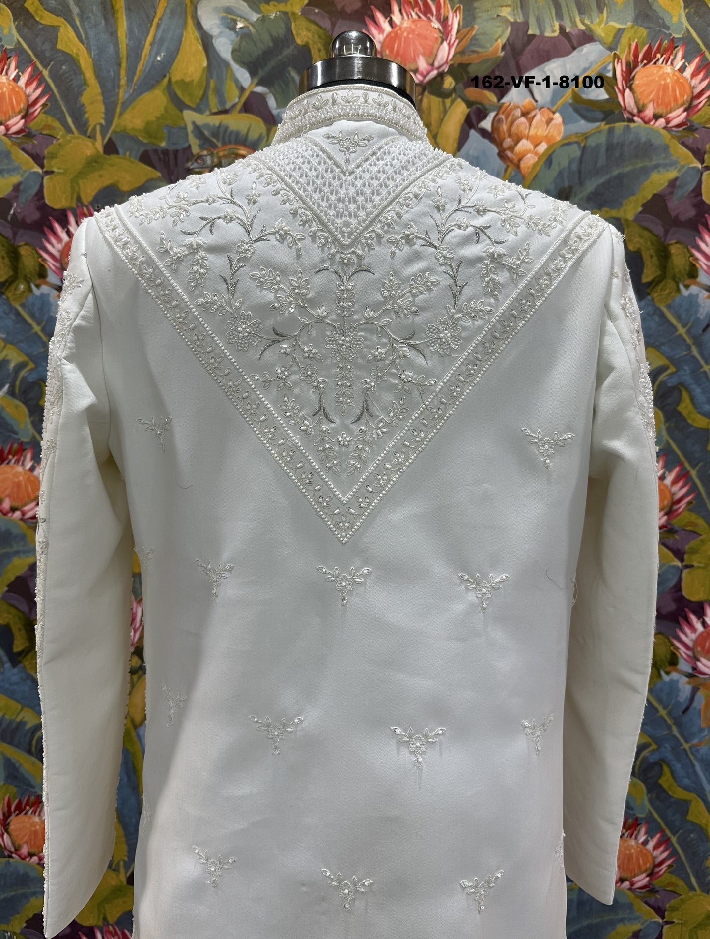 Luxury White Pearl Work Unstitched Sherwani Set with Belt & Pant Fabric