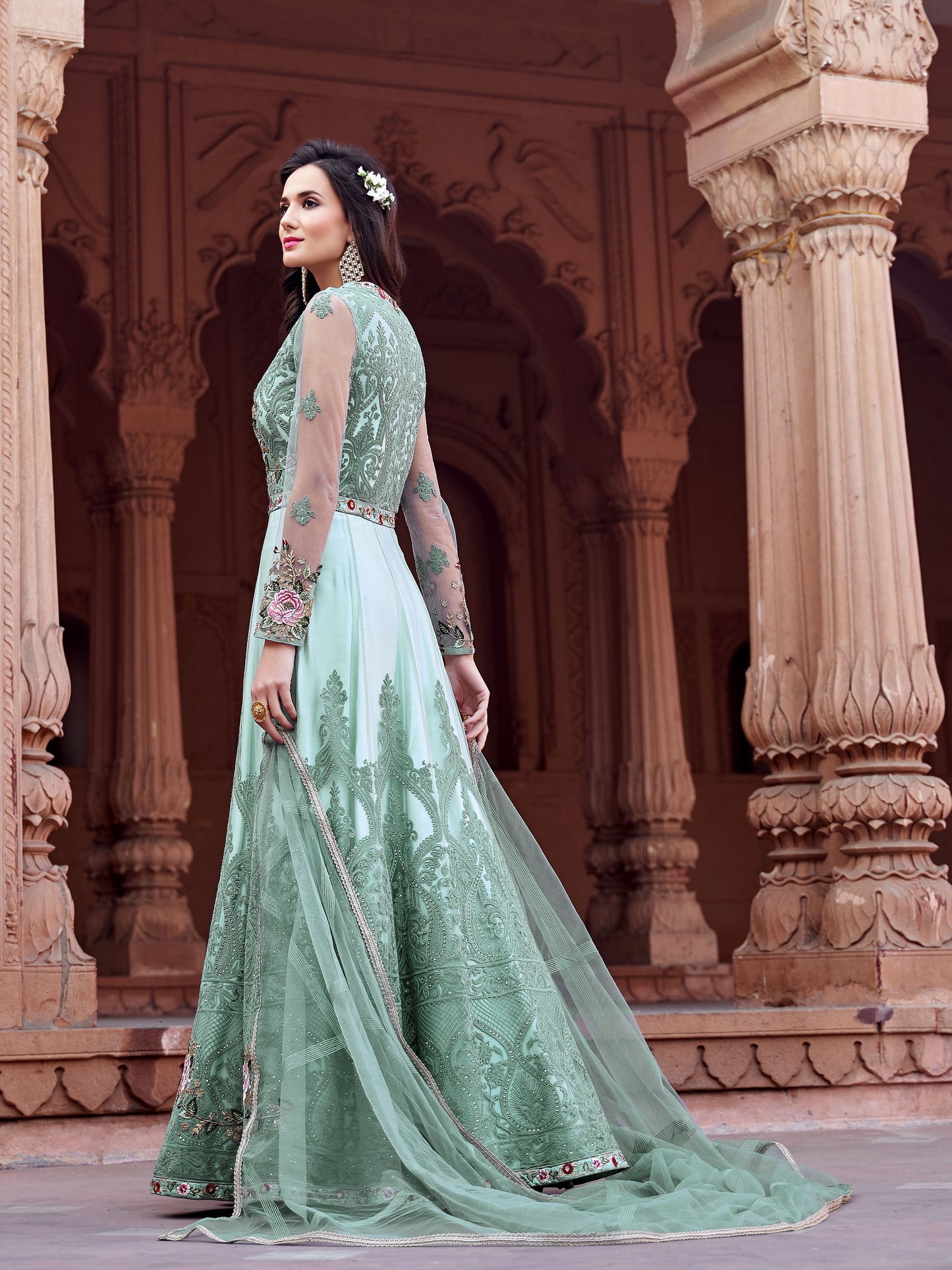 Elegant Midnight Blue Floral Embroidered Evening Gown – 16210