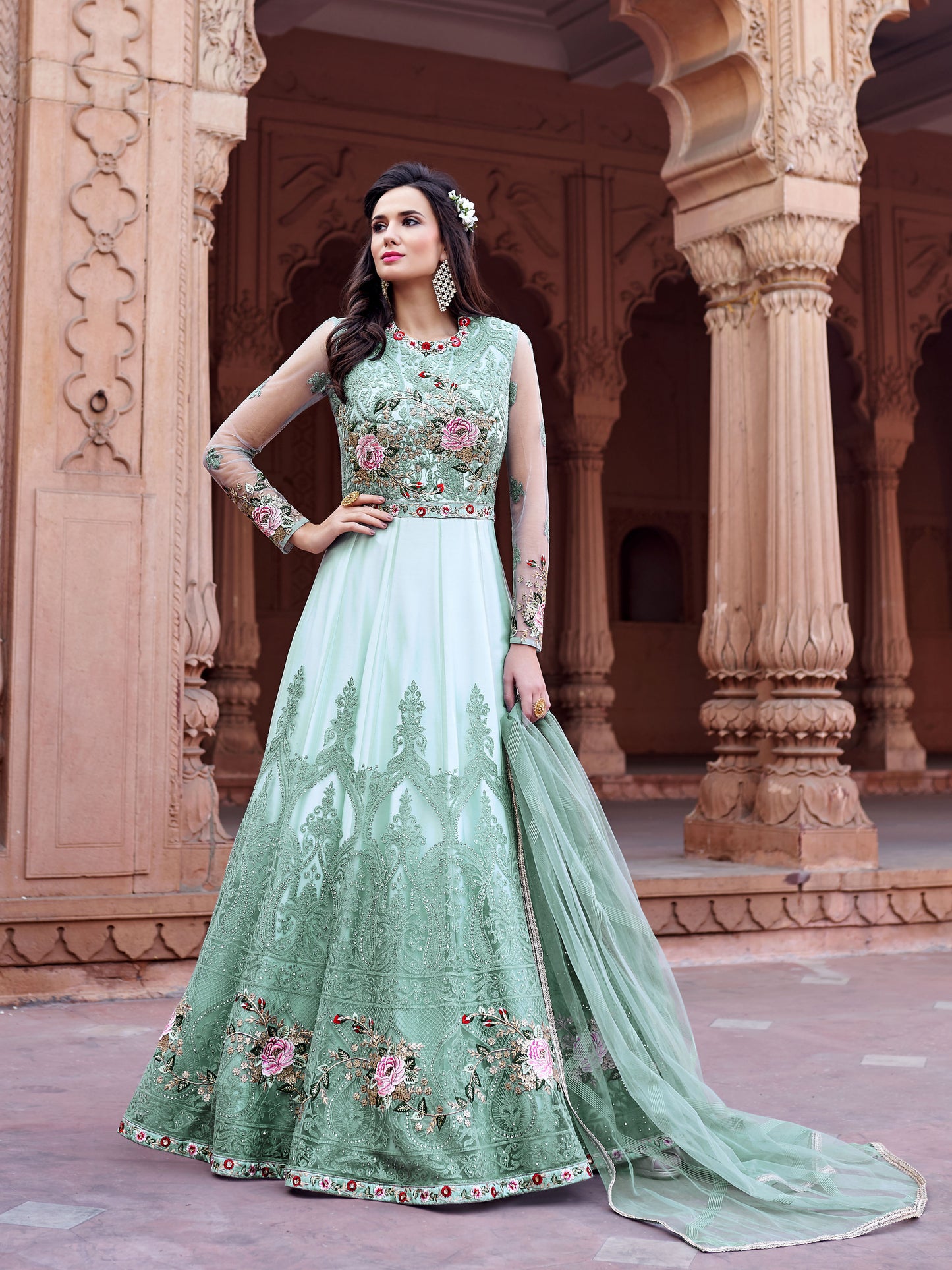 Elegant Midnight Blue Floral Embroidered Evening Gown – 16210