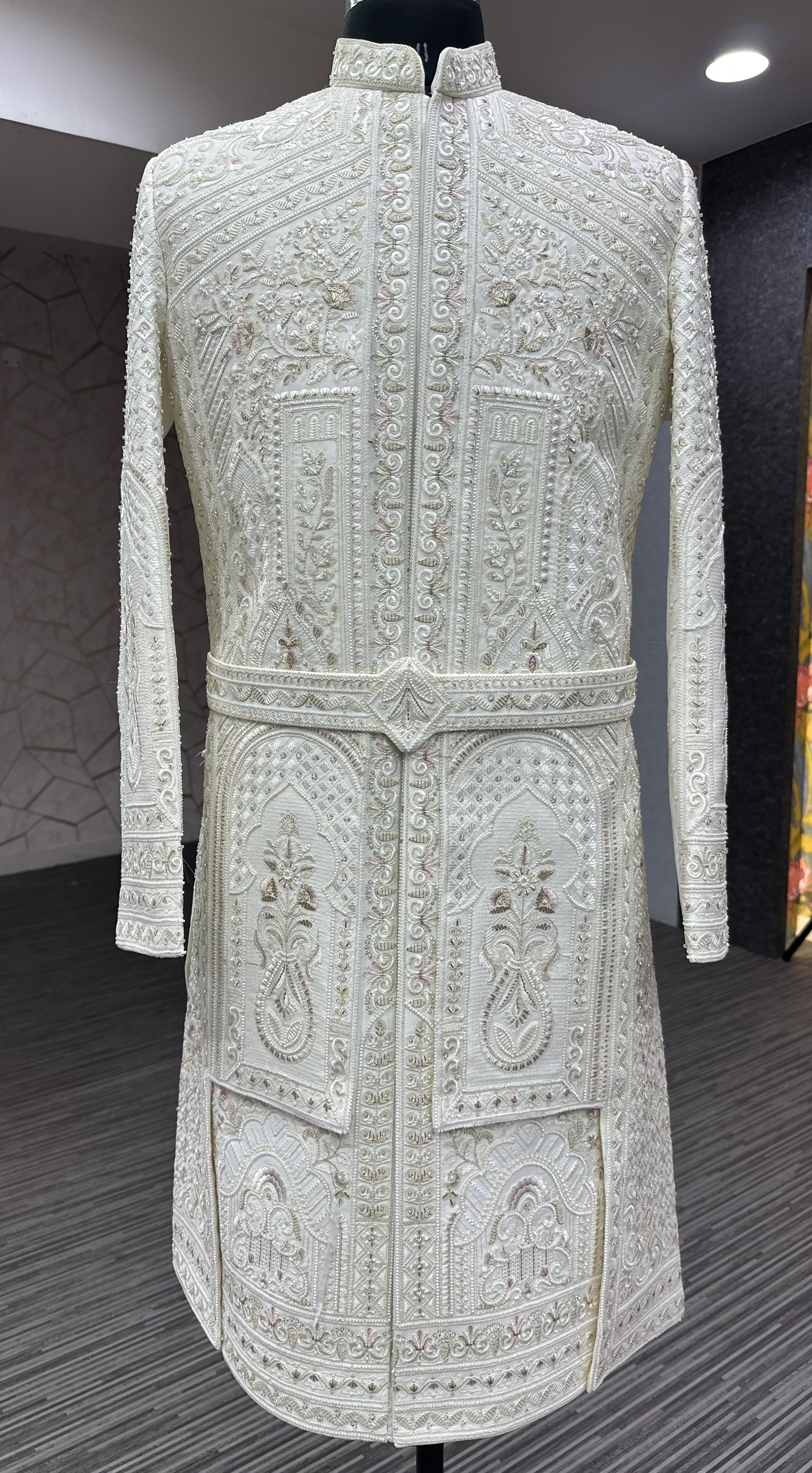 Premium White Hand-Embroidered Unstitched Sherwani Set with Waist Belt & Pant