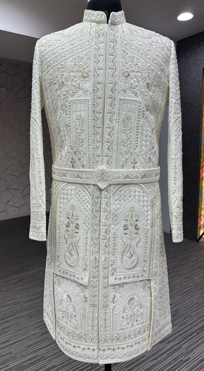 Premium White Hand-Embroidered Unstitched Sherwani Set with Waist Belt & Pant