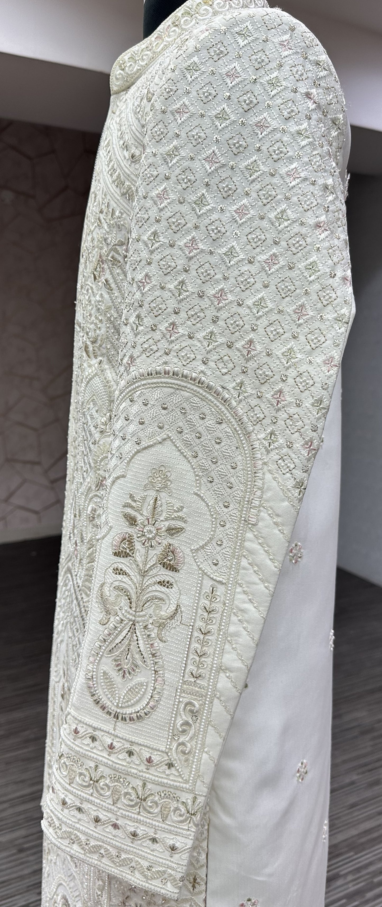 Premium White Hand-Embroidered Unstitched Sherwani Set with Waist Belt & Pant
