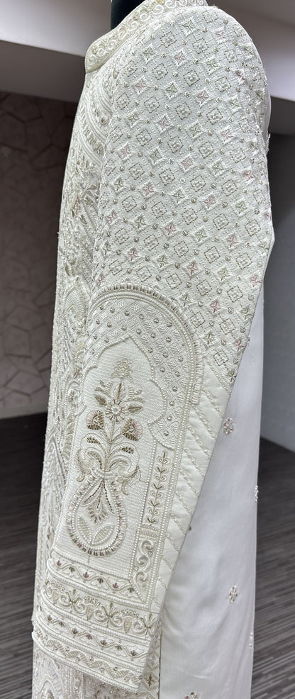 Premium White Hand-Embroidered Unstitched Sherwani Set with Waist Belt & Pant