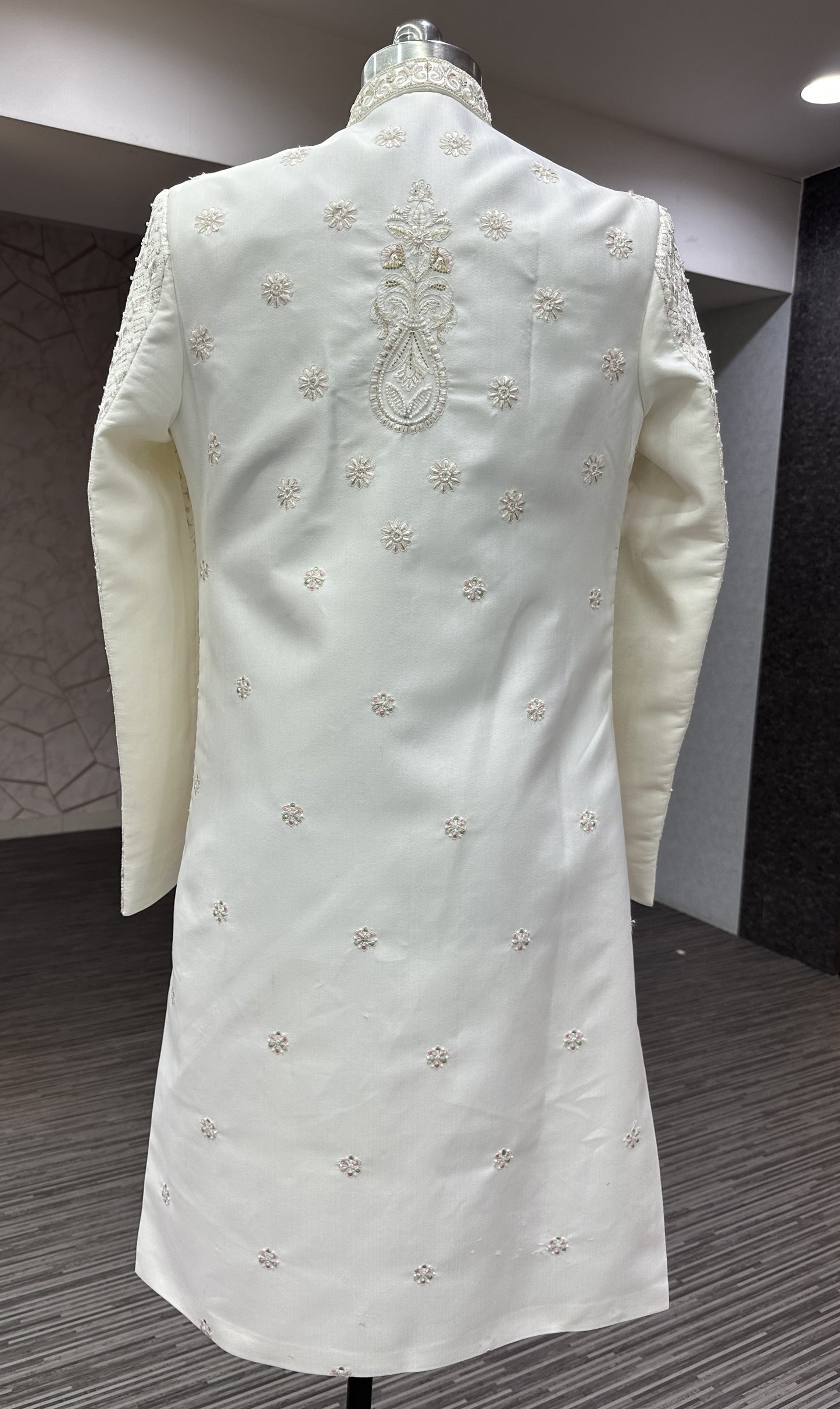 Premium White Hand-Embroidered Unstitched Sherwani Set with Waist Belt & Pant