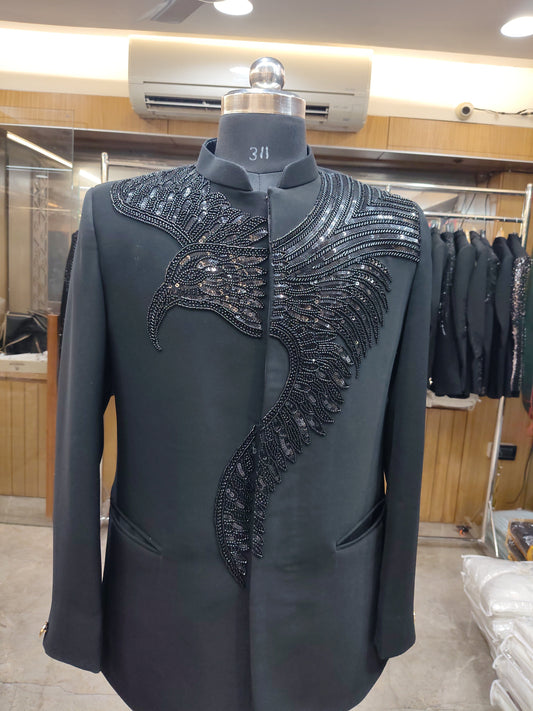 Premium Black Velvet Eagle Embroidered Suit | Bold Party Wear |  Kavlee