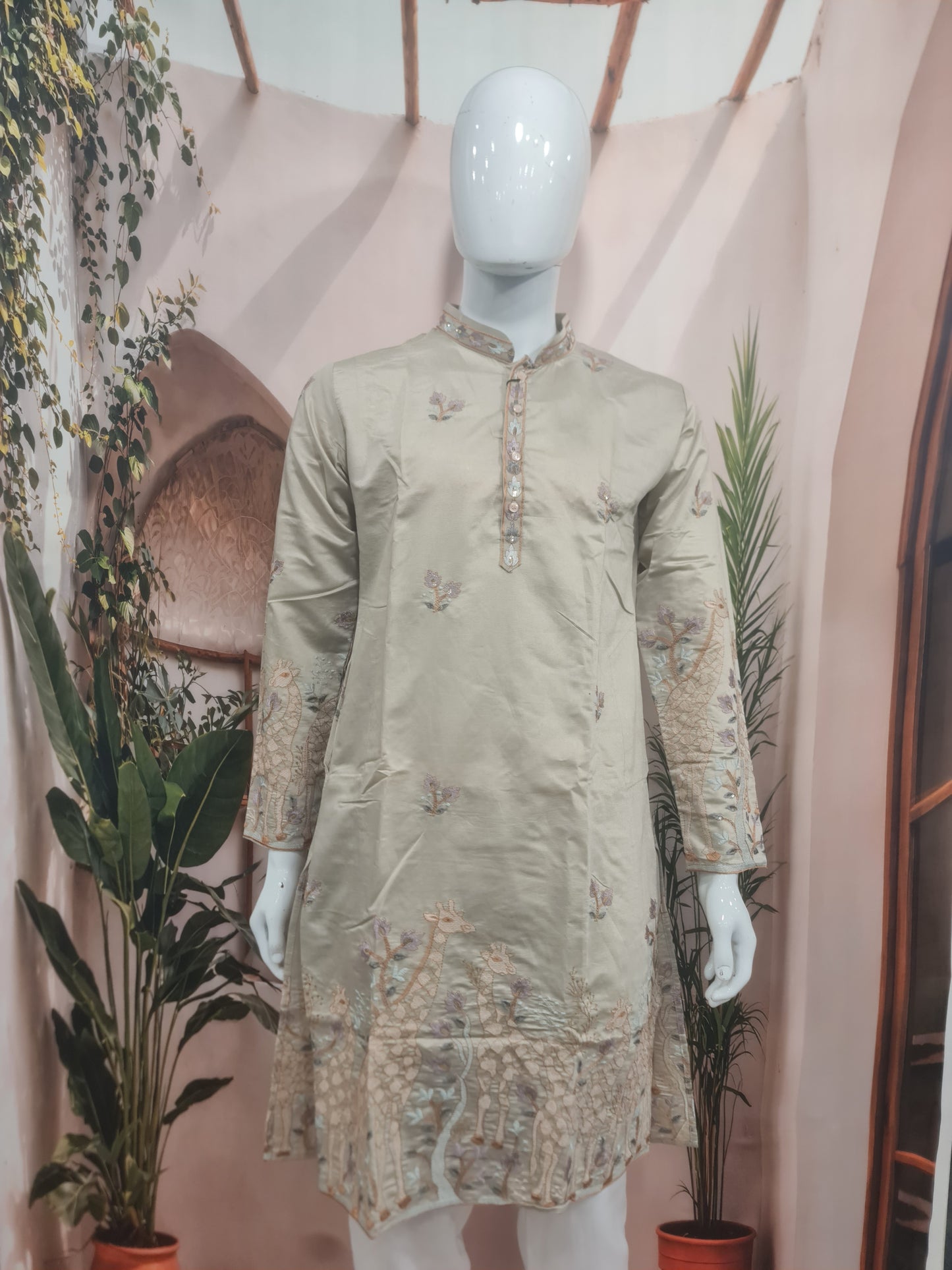 Elegant Light Beige Men's Kurta with Intricate Daman Embroidery & Mandarin Collar | Kavlee Tradition