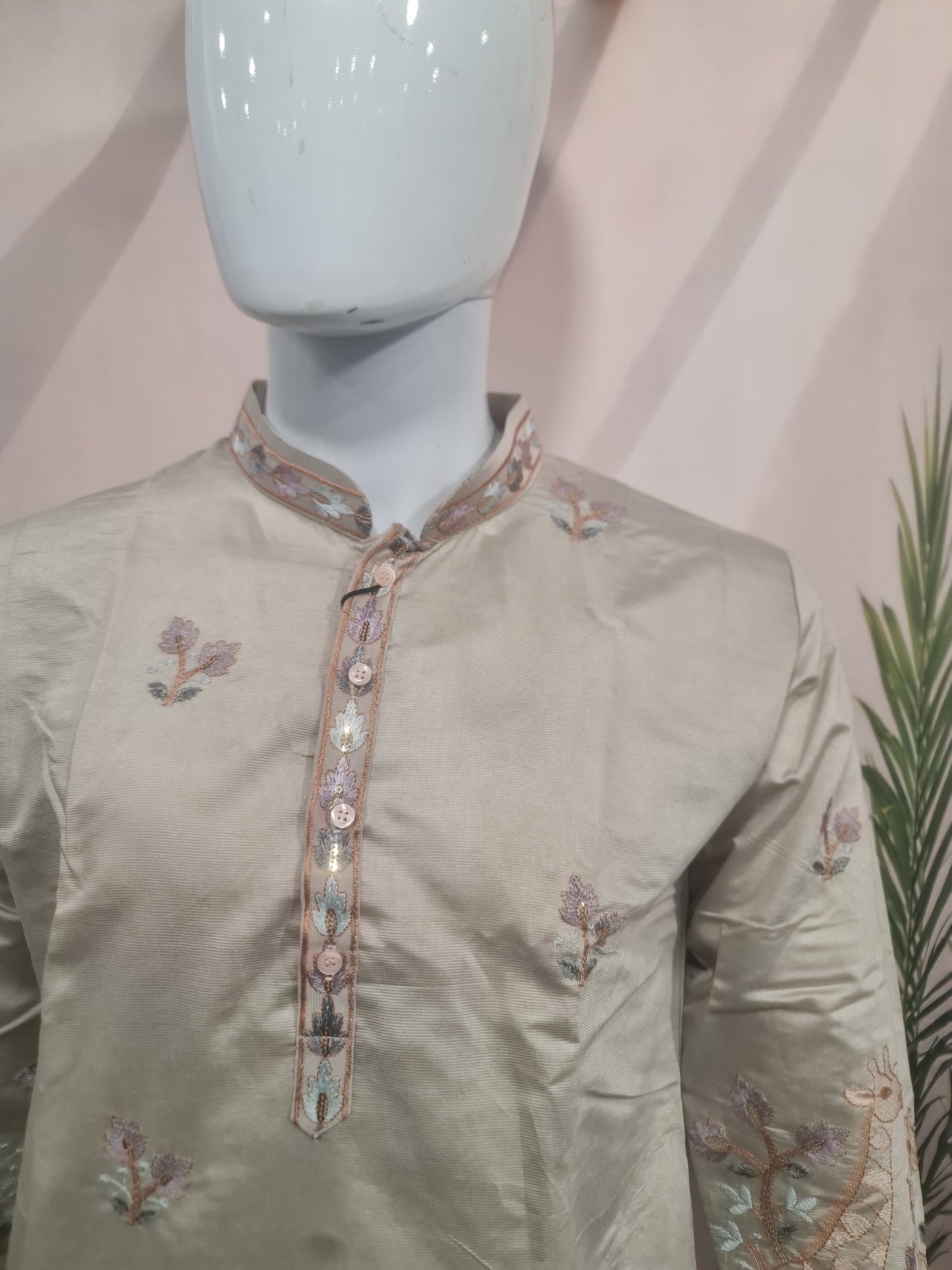Elegant Light Beige Men's Kurta with Intricate Daman Embroidery & Mandarin Collar | Kavlee Tradition