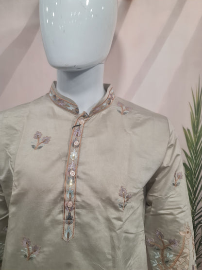Elegant Light Beige Men's Kurta with Intricate Daman Embroidery & Mandarin Collar | Kavlee Tradition