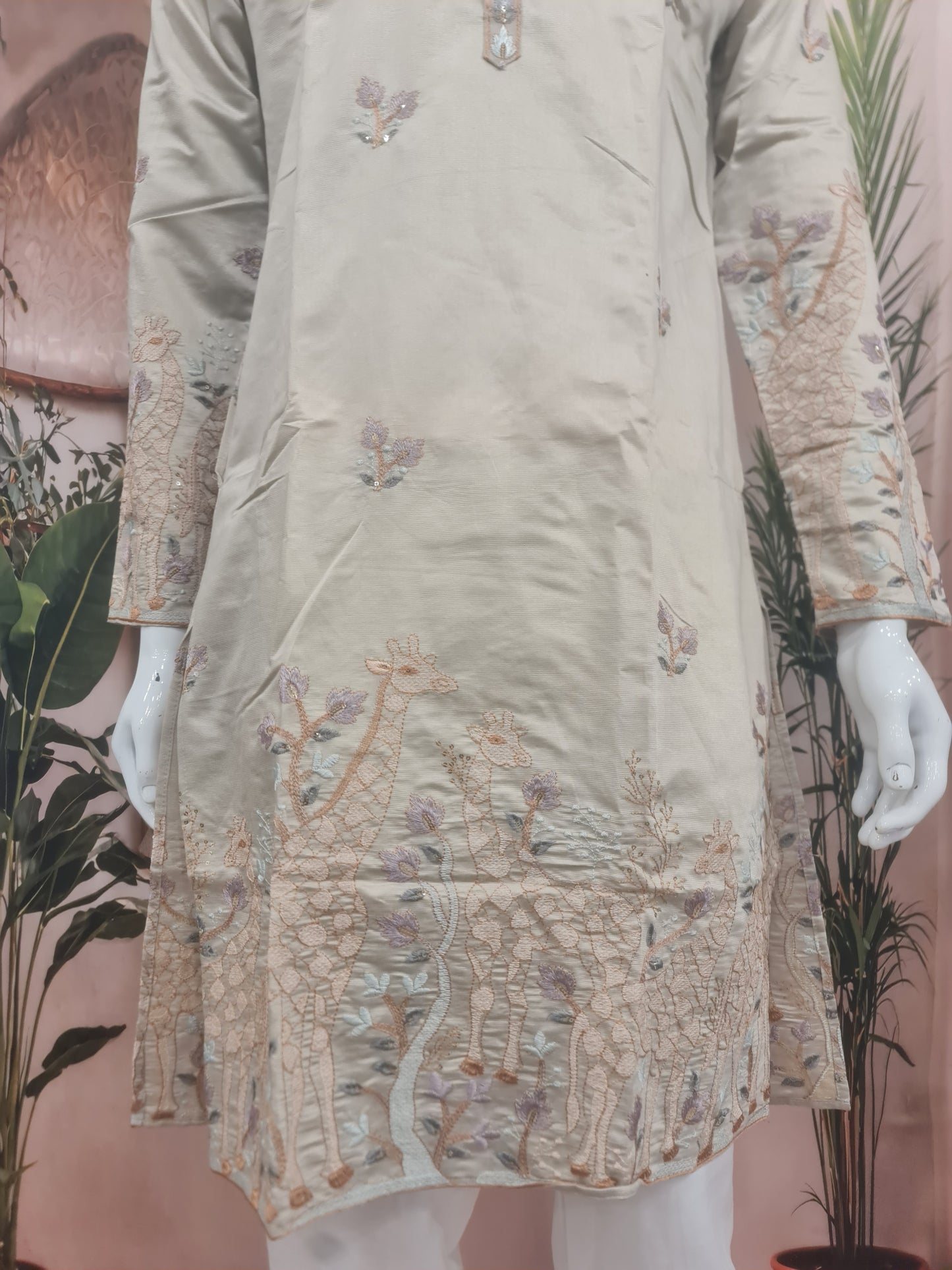 Elegant Light Beige Men's Kurta with Intricate Daman Embroidery & Mandarin Collar | Kavlee Tradition