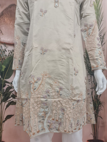 Elegant Light Beige Men's Kurta with Intricate Daman Embroidery & Mandarin Collar | Kavlee Tradition