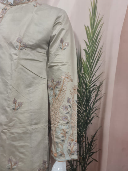 Elegant Light Beige Men's Kurta with Intricate Daman Embroidery & Mandarin Collar | Kavlee Tradition