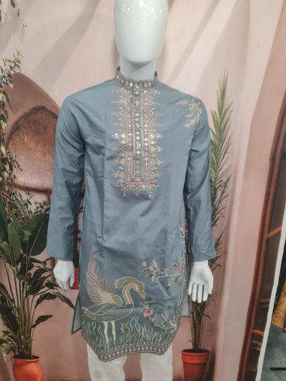 Premium Slate Blue Embroidered Men's Kurta | Kavlee Tradition Wear