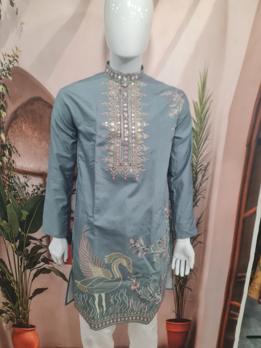 Premium Slate Blue Embroidered Men's Kurta | Kavlee Tradition Wear