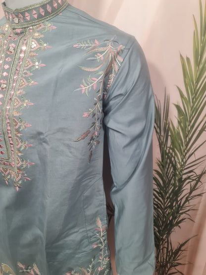 Premium Slate Blue Embroidered Men's Kurta | Kavlee Tradition Wear